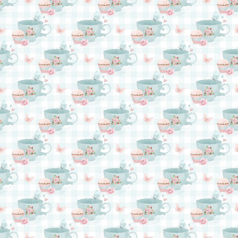 Tea Time Cups and Butterflies Fabric - Blue