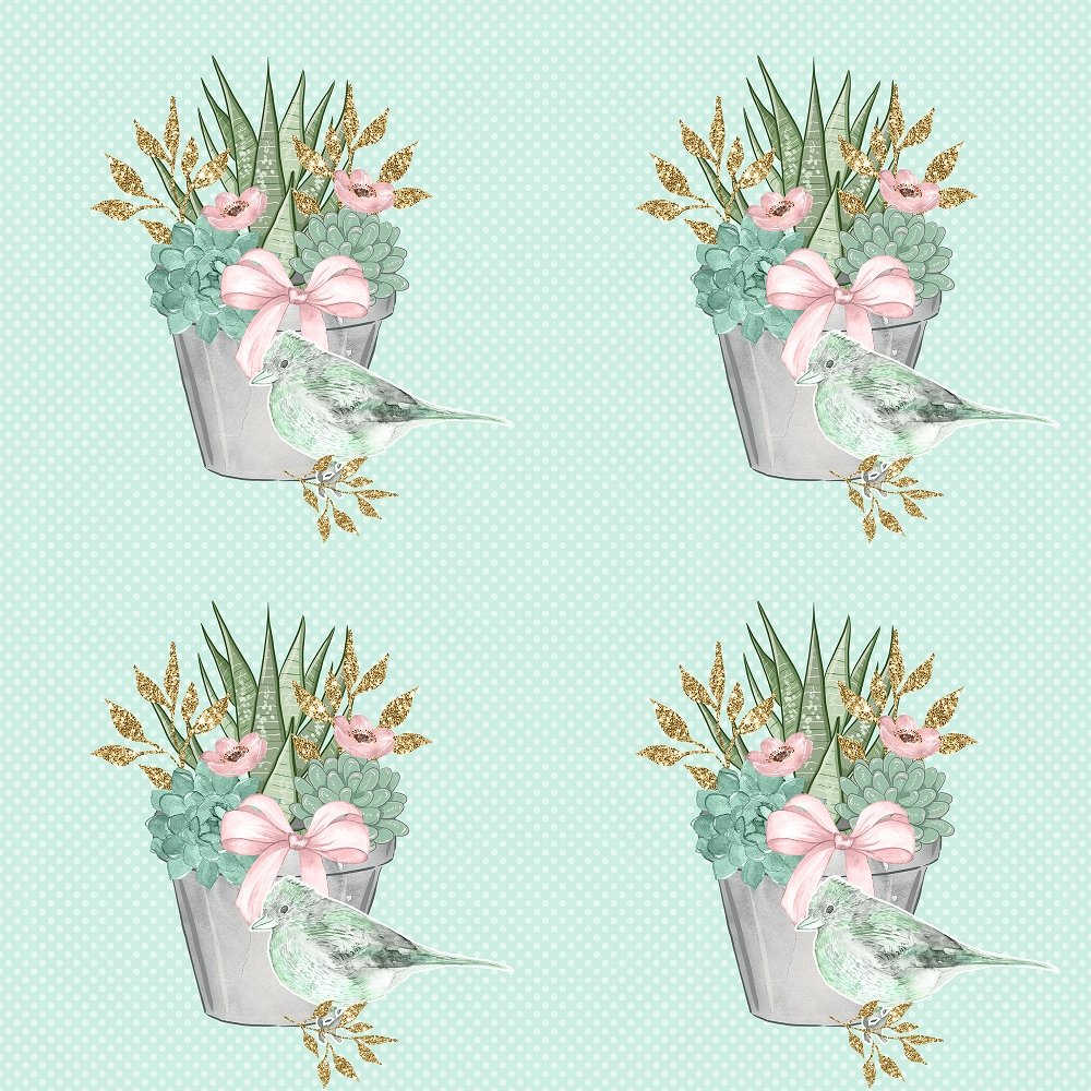 Sweet Succulents with Bird Fabric - Green