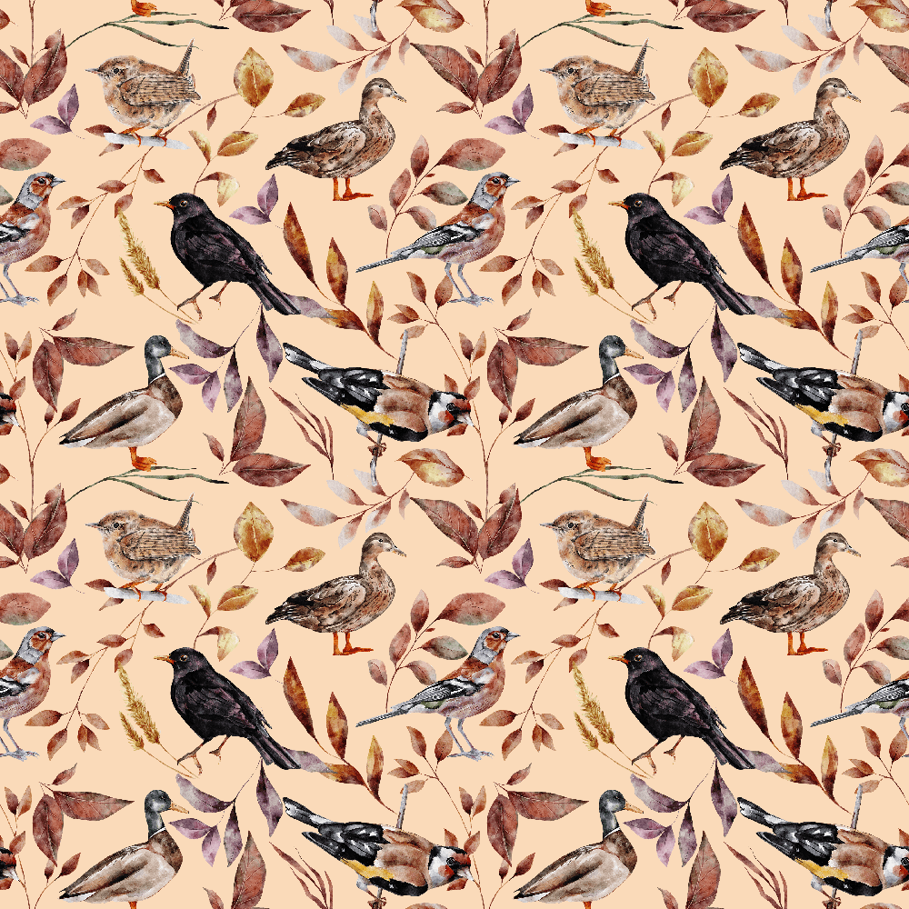The Cottage Birds and Leaves Fabric - Pizazz Peach