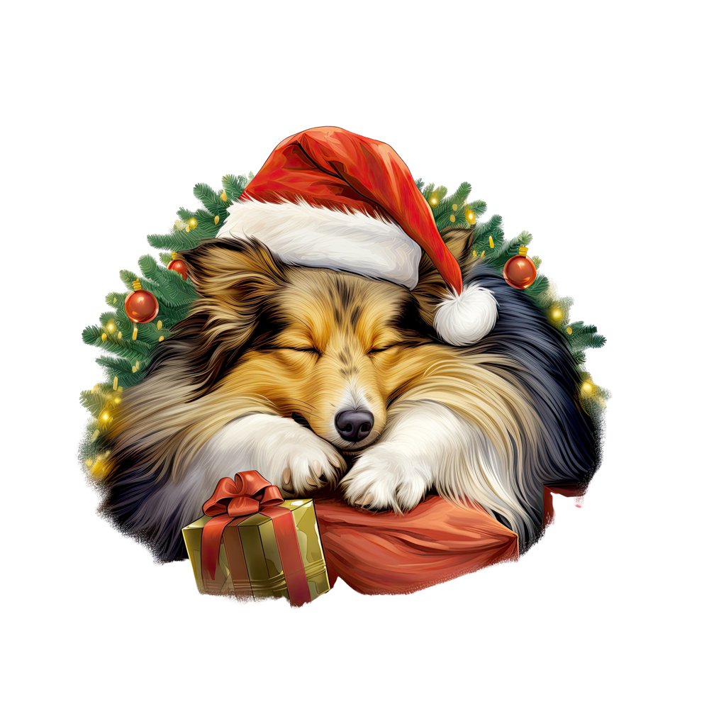 Christmas Sleeping Shetland Sheepdog Fabric Panel