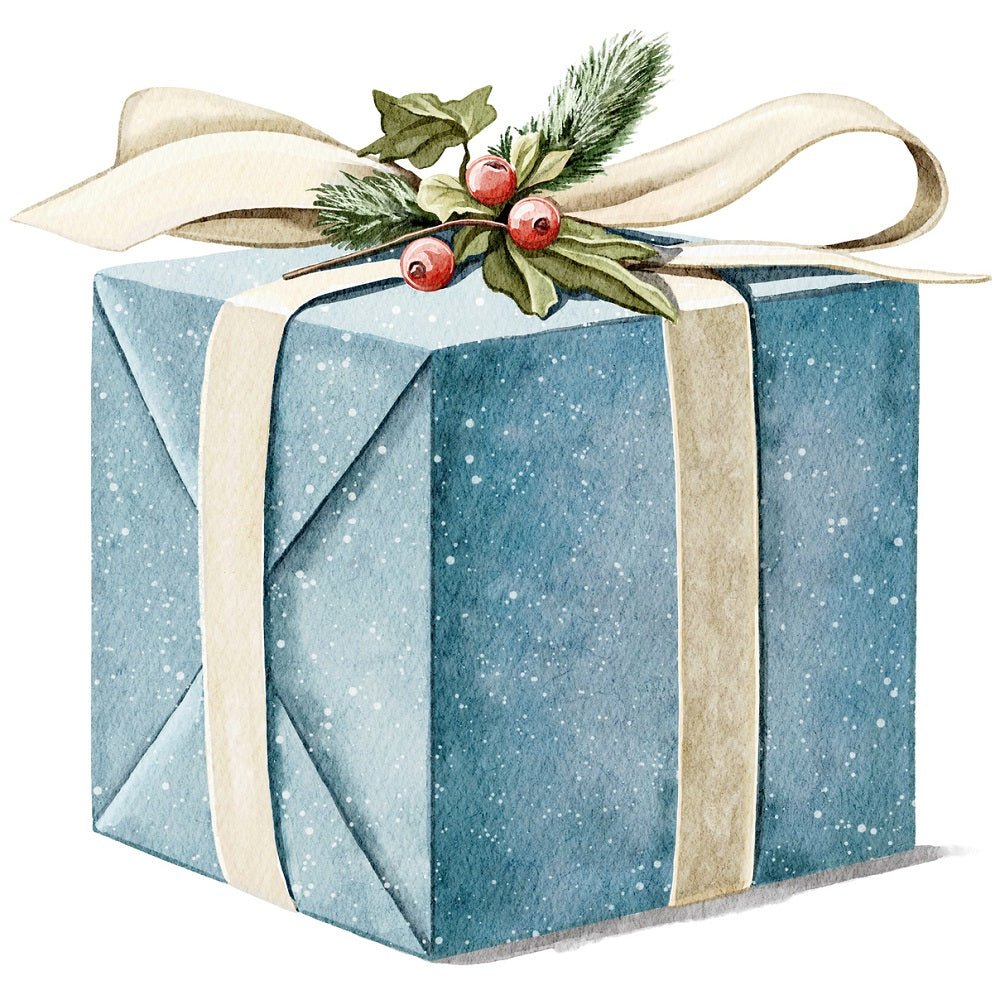 Christmas Little Critters Blue Present Fabric Panel