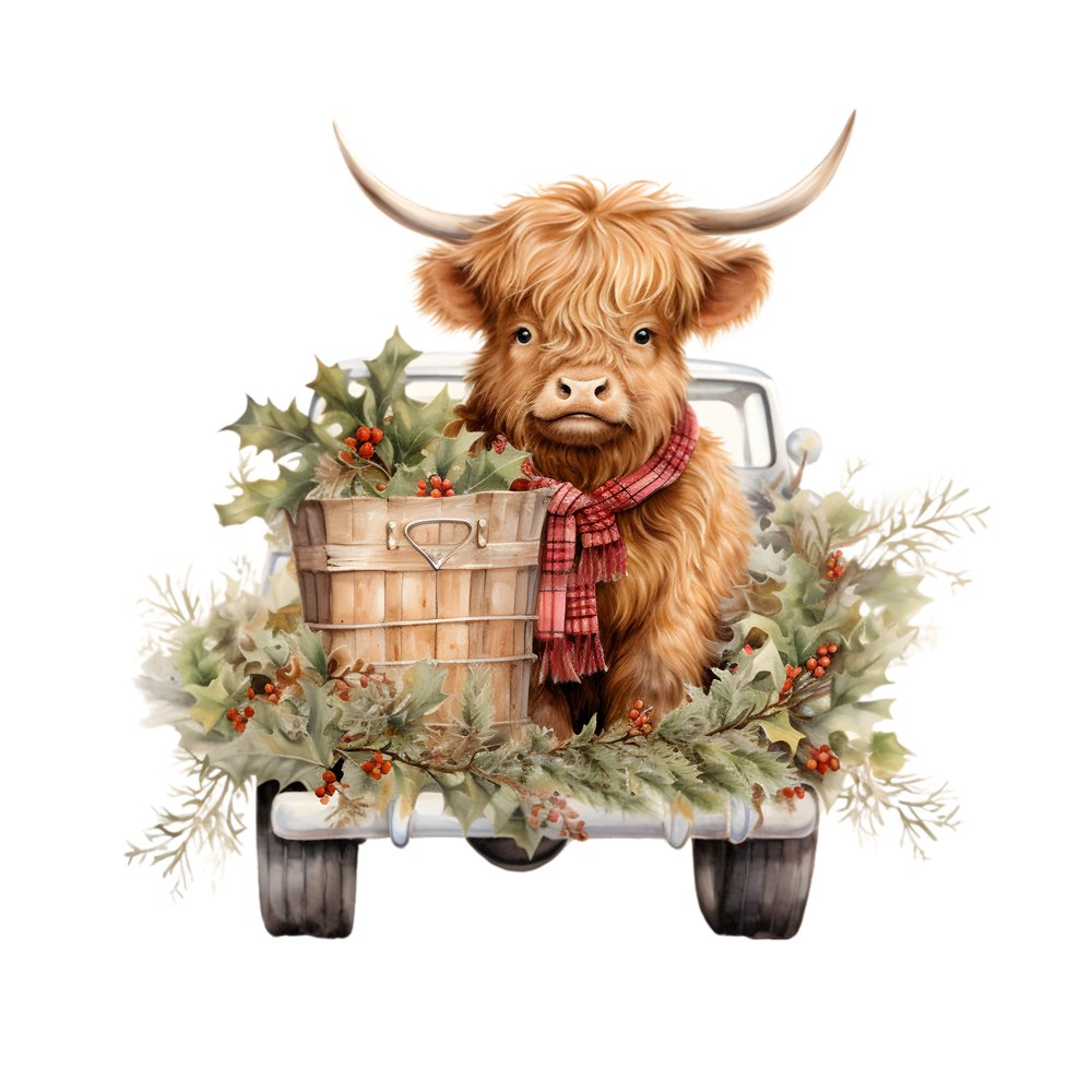 Christmas Highland Cow Scene #3 Fabric Panel