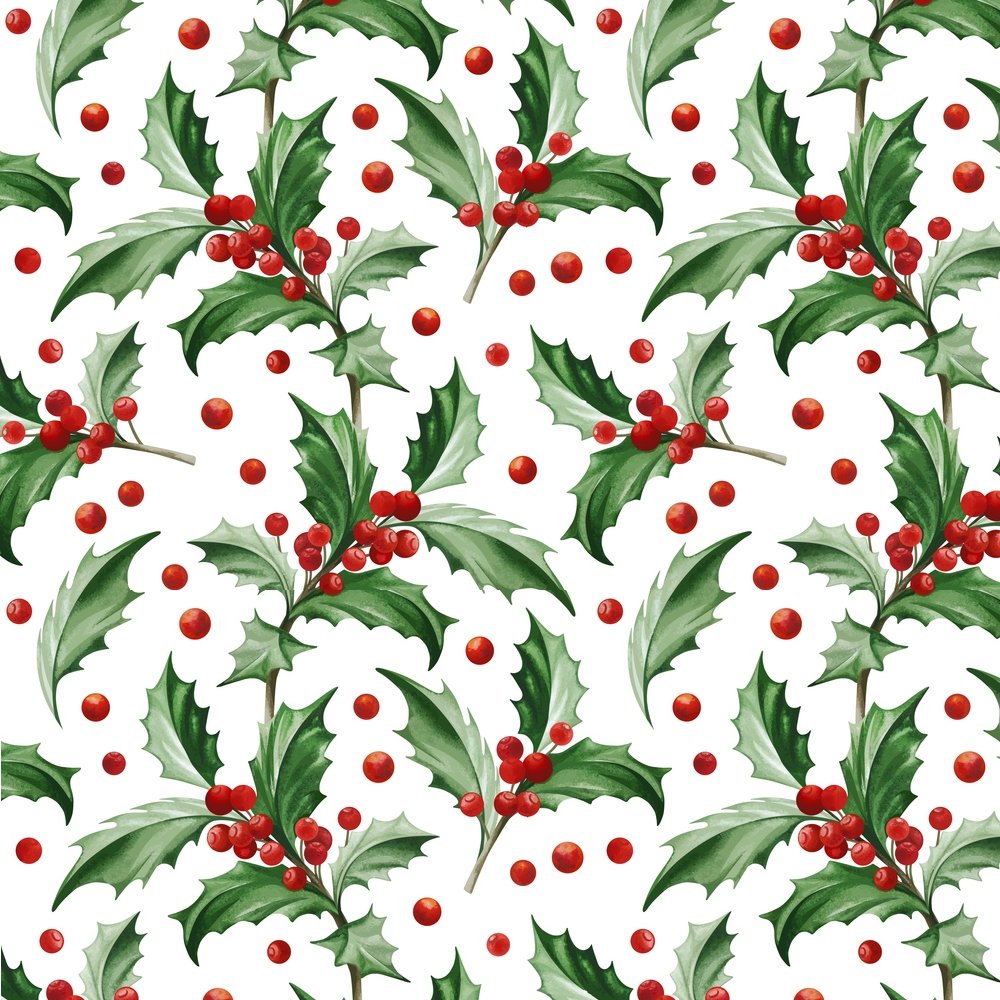 Christmas Holly Leaves Fabric - White