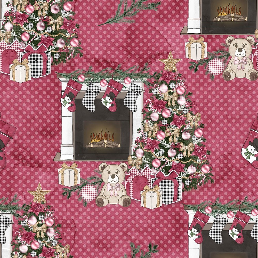 Christmas Home Fireplace on Dots Fabric - Red