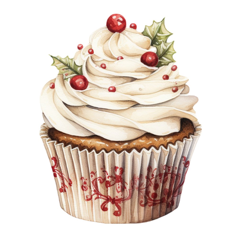 Christmas Dessert Cupcake Fabric Panel - White