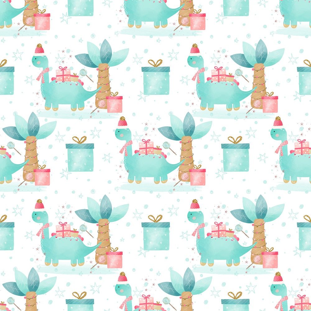 Christmas Dino Palm Tree Scene Fabric - White