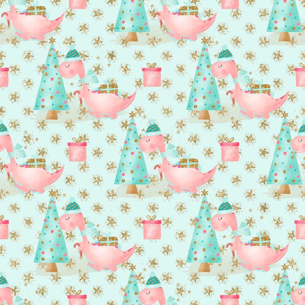 Christmas Dino Scene on Star Fabric - Blue