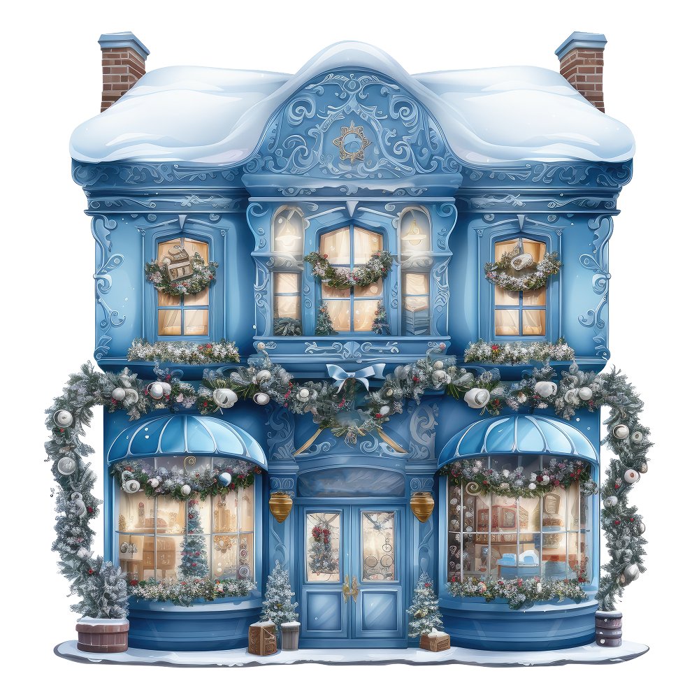 Christmas Boutique Storefront Fabric Panel - Blue