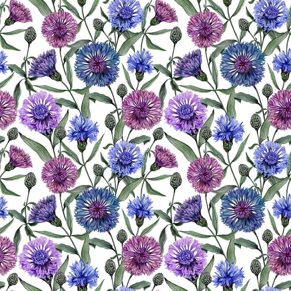 Centaurea Flowers with Leaves Fabric - White