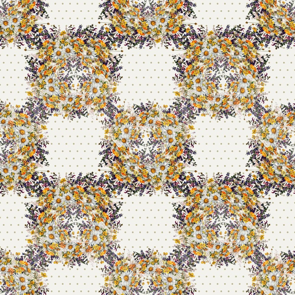 Chamomile Square Bouquets on Dots Fabric