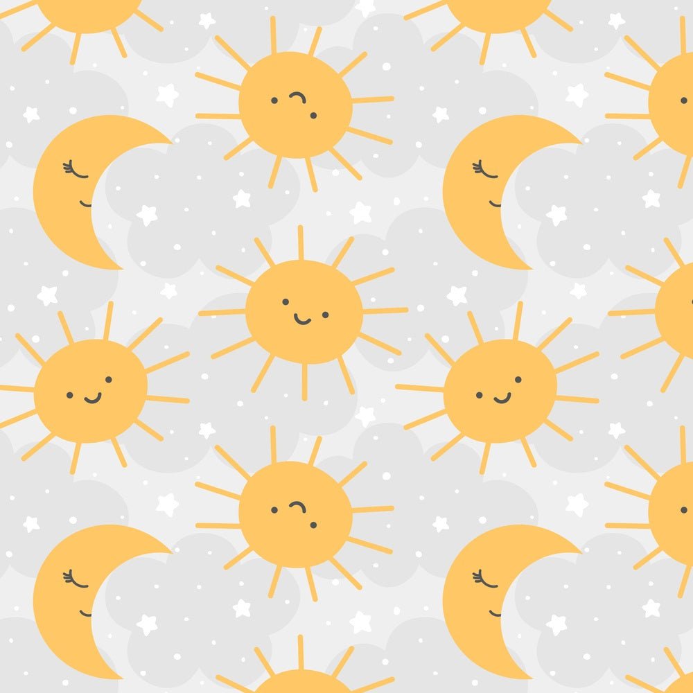 Cartoon Sun & Moon Fabric - Gray