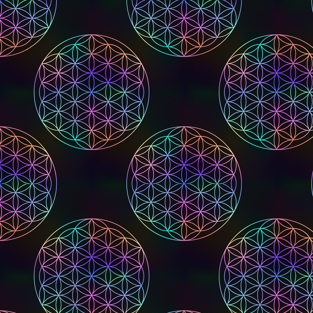 Colorful Flower Of Life Fabric - Black