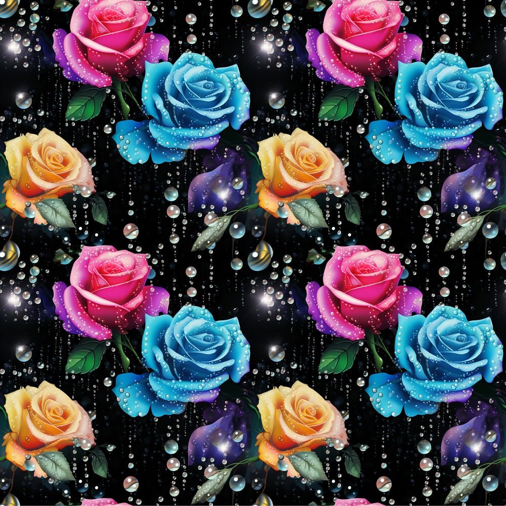Colorful Roses & Water Droplets Fabric