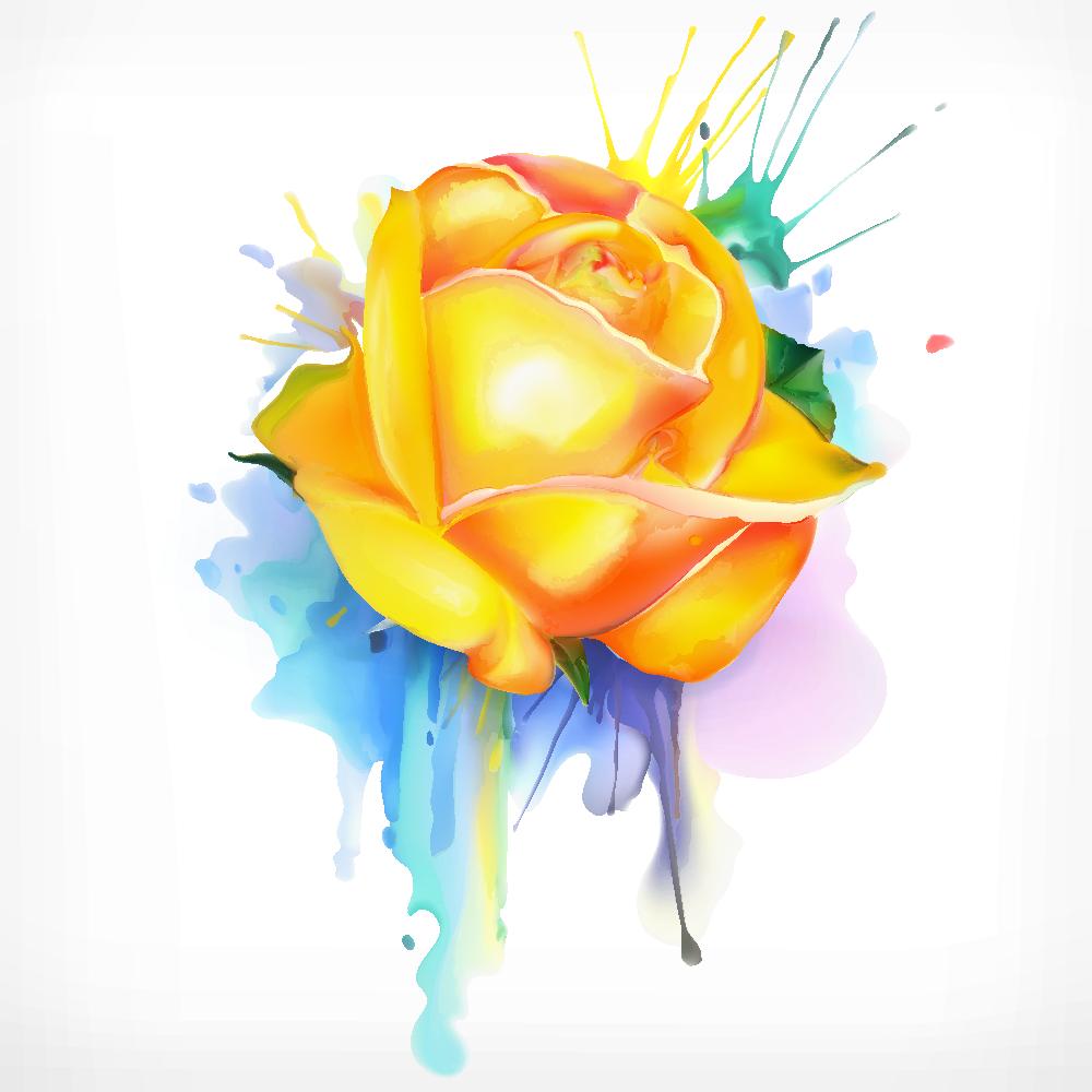 Colorful Watercolor Splash Yellow Rose Fabric Panel
