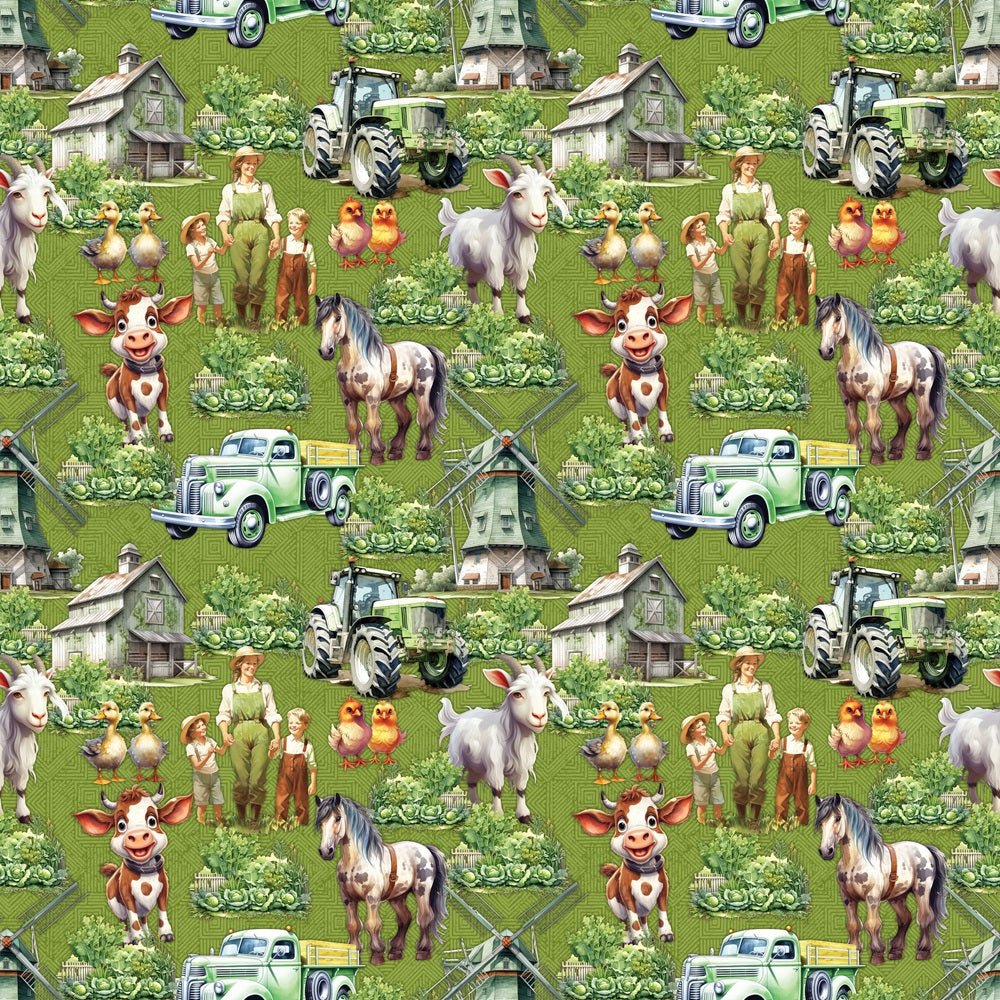 Cartoon Farm Elements Fabric - Green