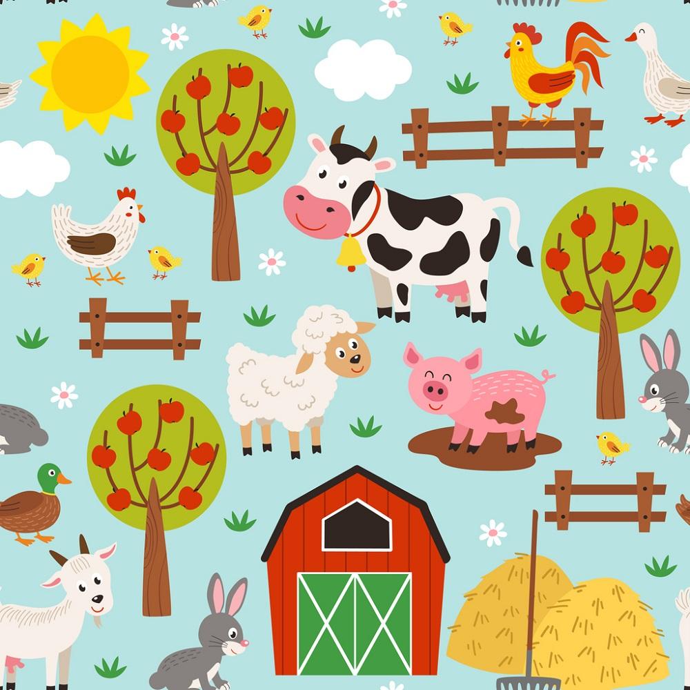 Cartoon Farming Apple Trees Fabric - Blue