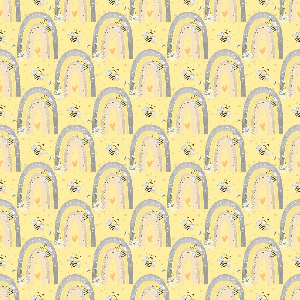 Cartoon Rainbows on Geometric Dots Fabric - Yellow