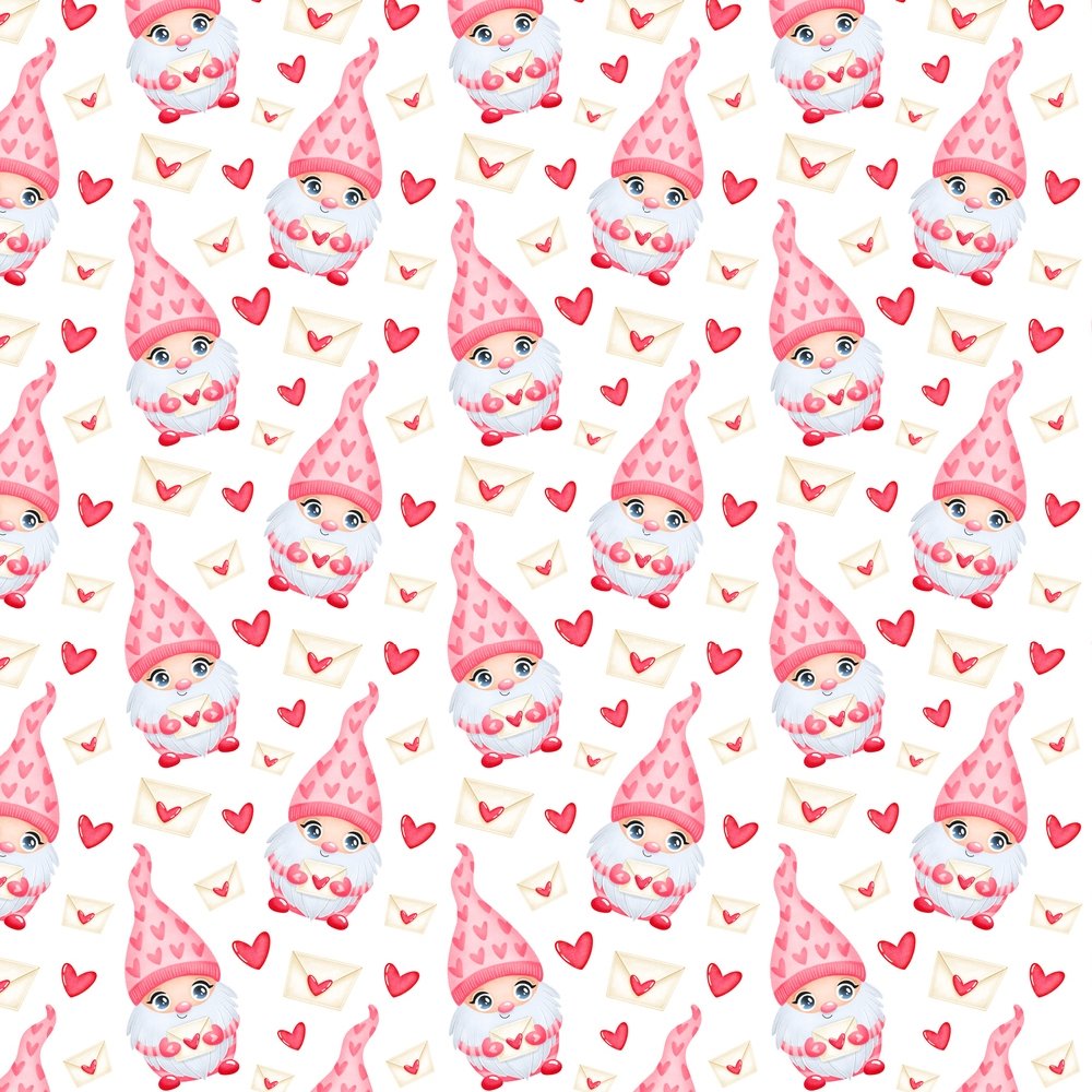 Cartoon Valentine Gnome & Love Letters Fabric - Pink