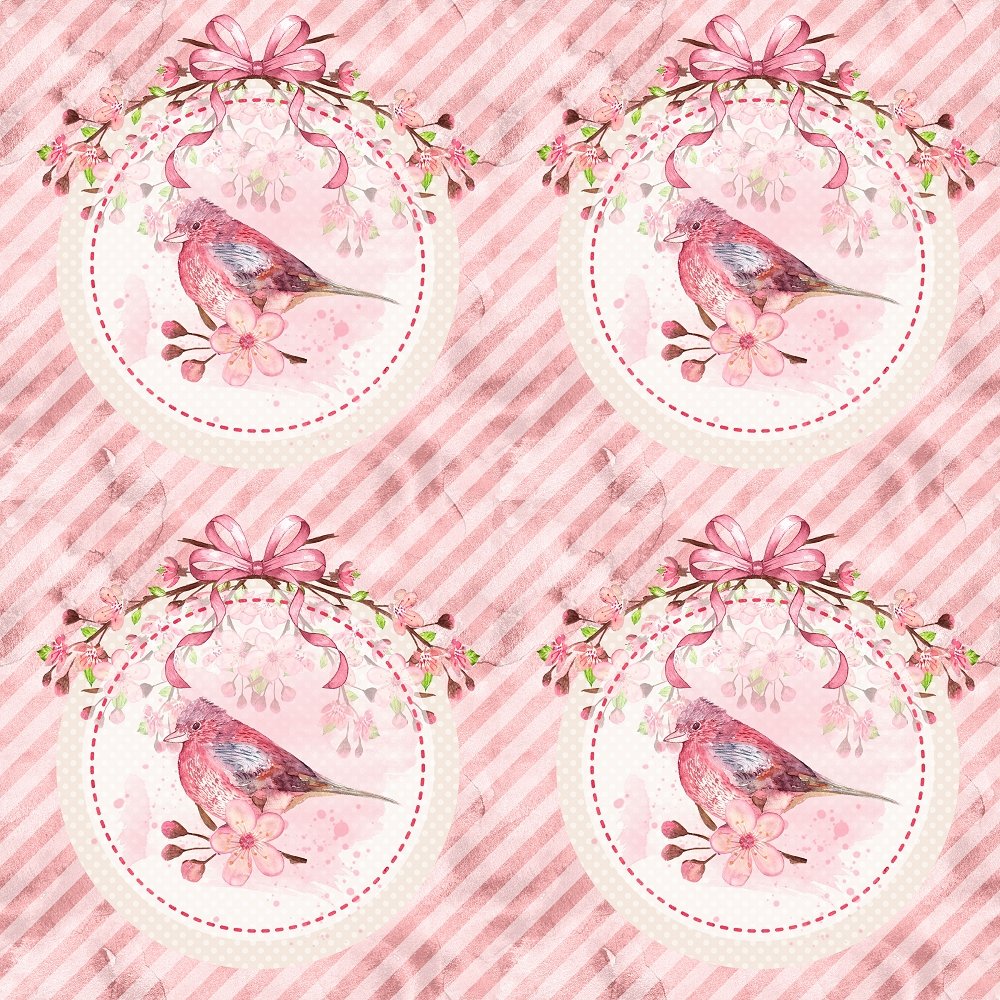 Cardinal with Cherry Blossoms and Bow Striped Fabric