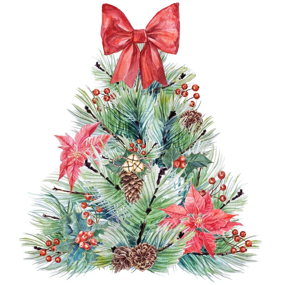 Christmas Tree with Poinsettias, Holly, Berries, and Pine Cones Fabric Panel