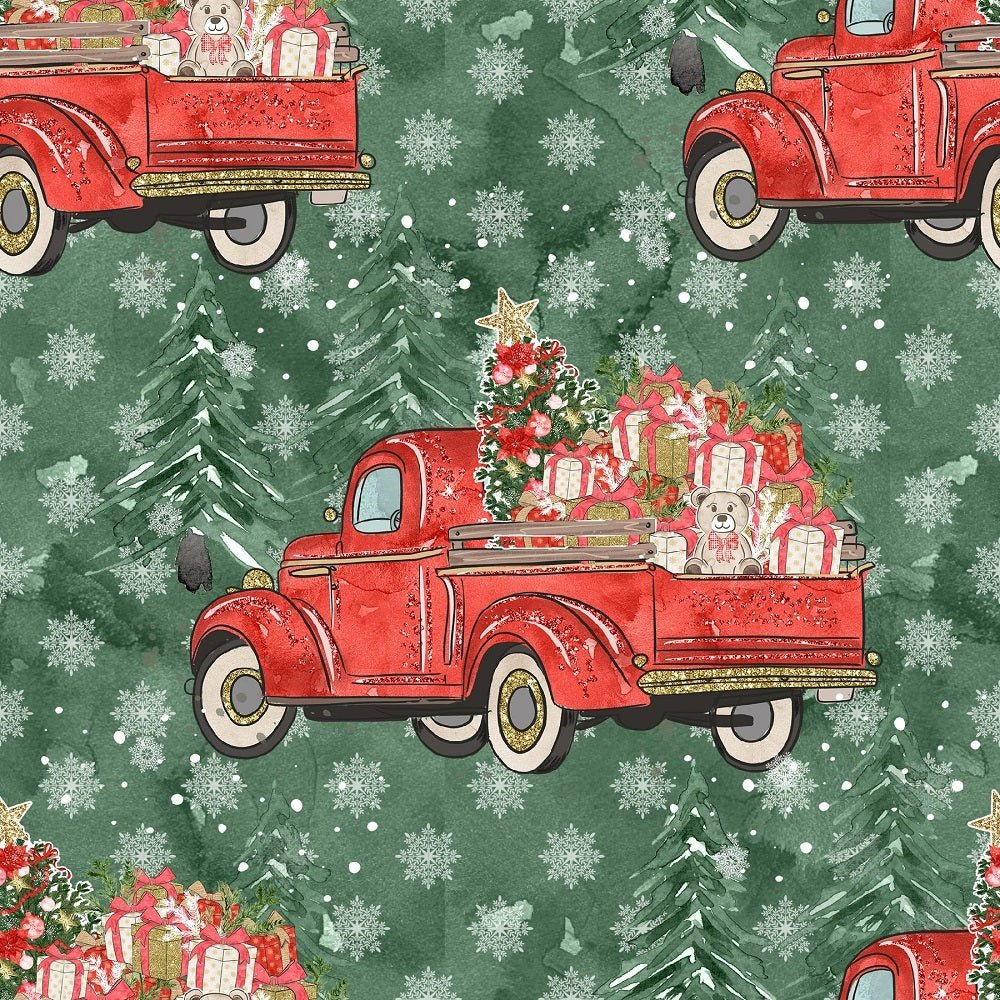Christmas Truck On Snowflakes Fabric - Green