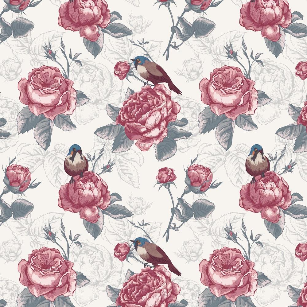 Vintage Blooming English Roses & Birds Fabric - Antique White