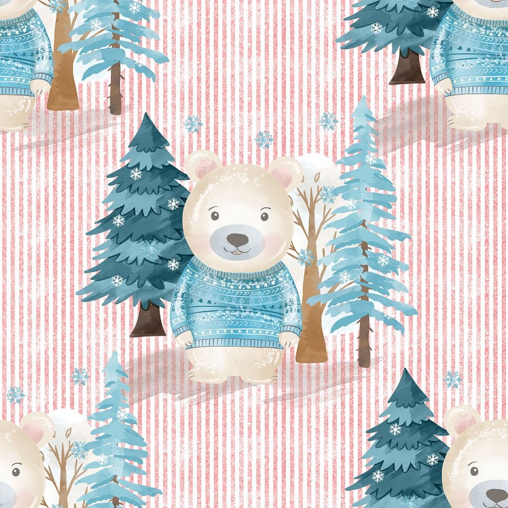 Winter Bear Pink Stripes Fabric