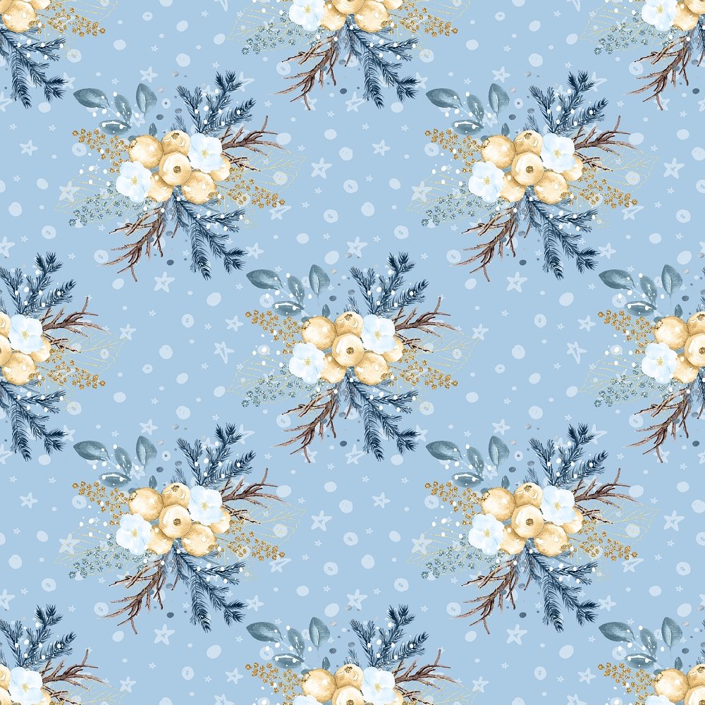 Winter Berries & Snowflakes Fabric - Blue