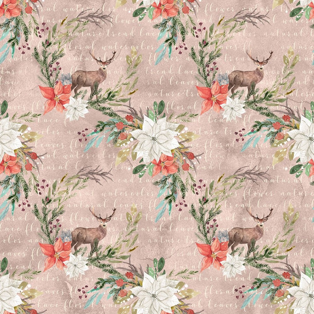 Winter Dreams Floral Deer on Words Fabric - Brown
