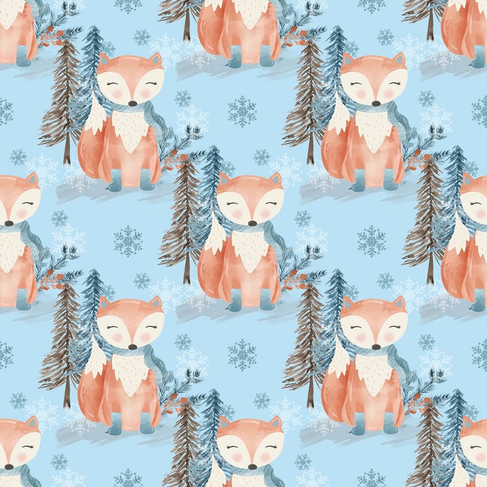 Winter Fox with Snowflakes Fabric - Blue