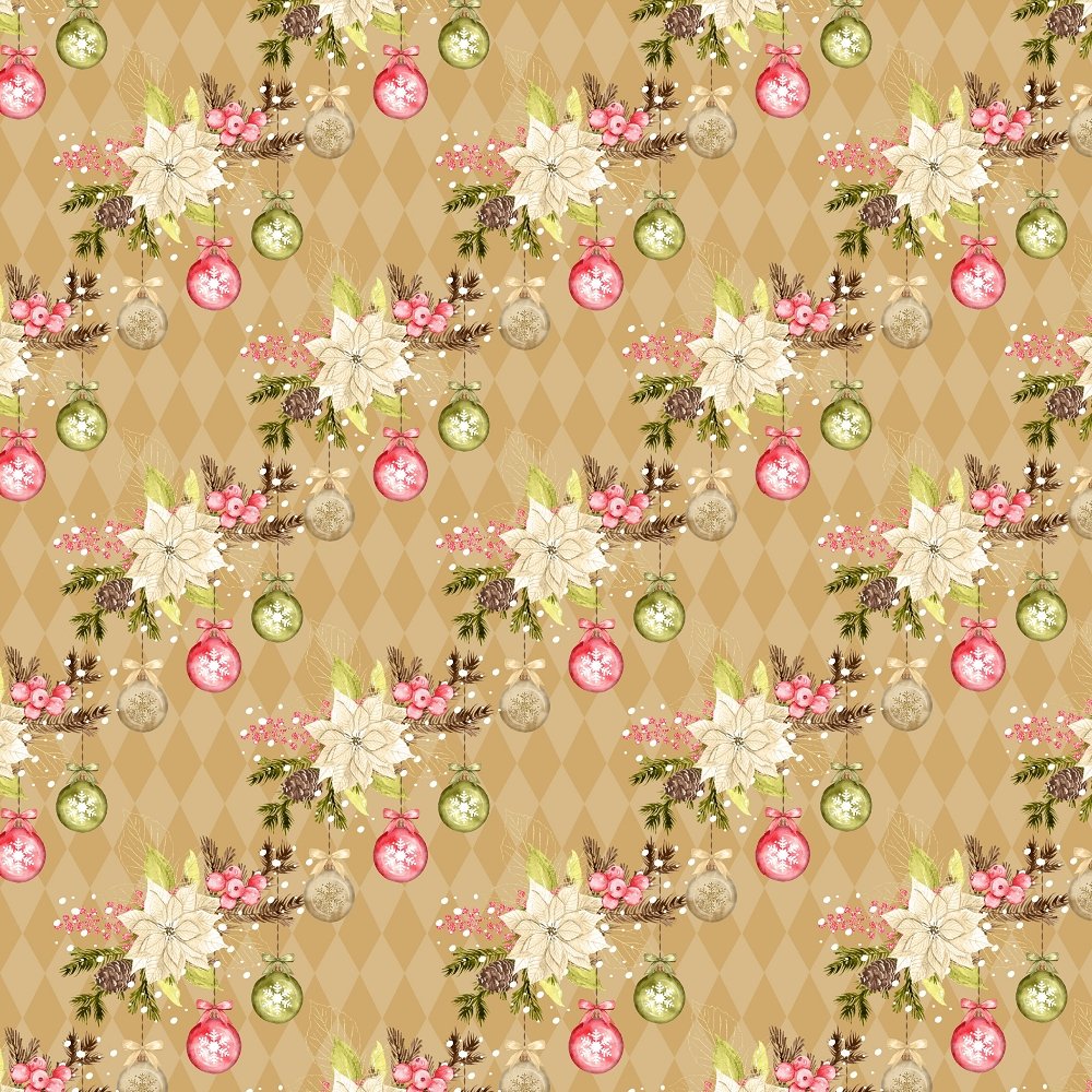 Winter Poinsettias & Ornaments Diamond Fabric - Brown