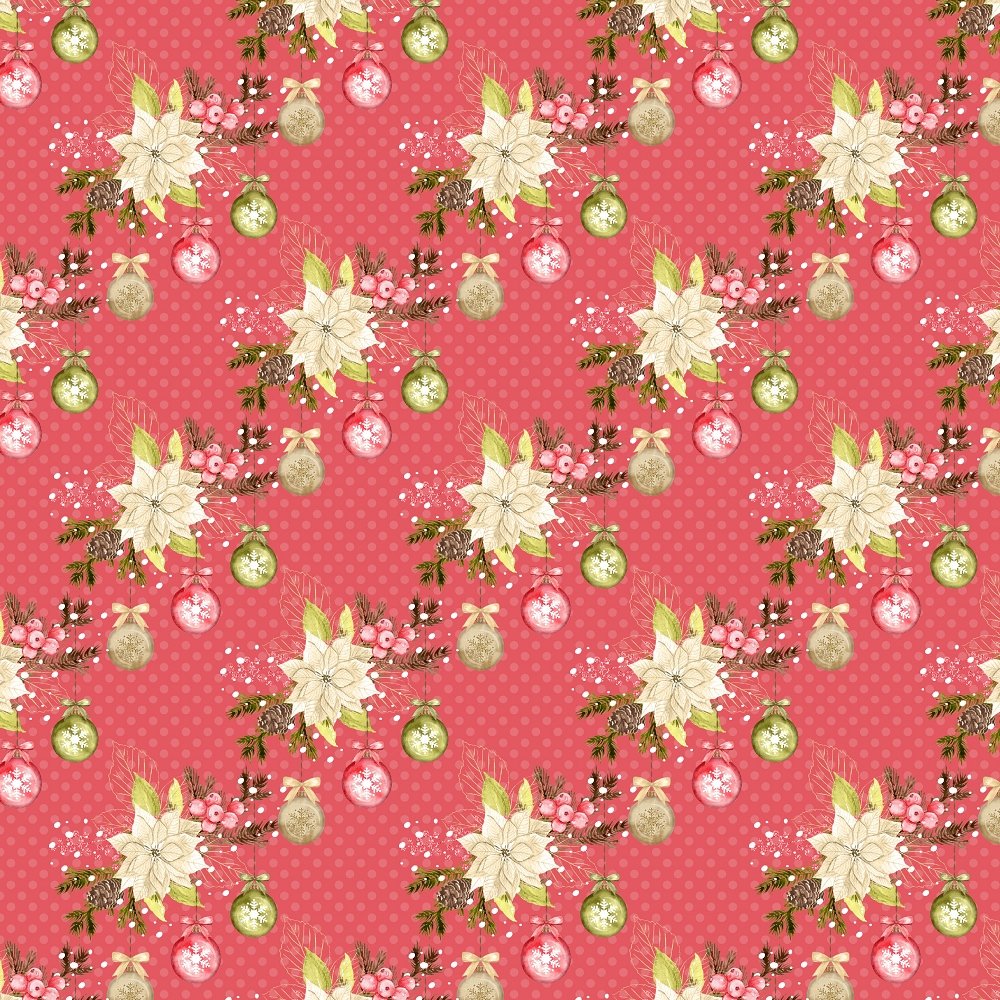 Winter Poinsettias & Ornaments Dotted Fabric - Red