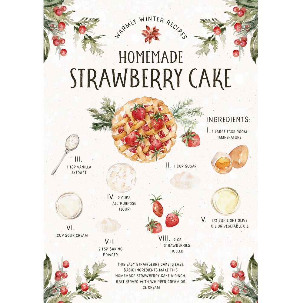 Christmas Recipe Strawberry Cake Fabric Panel
