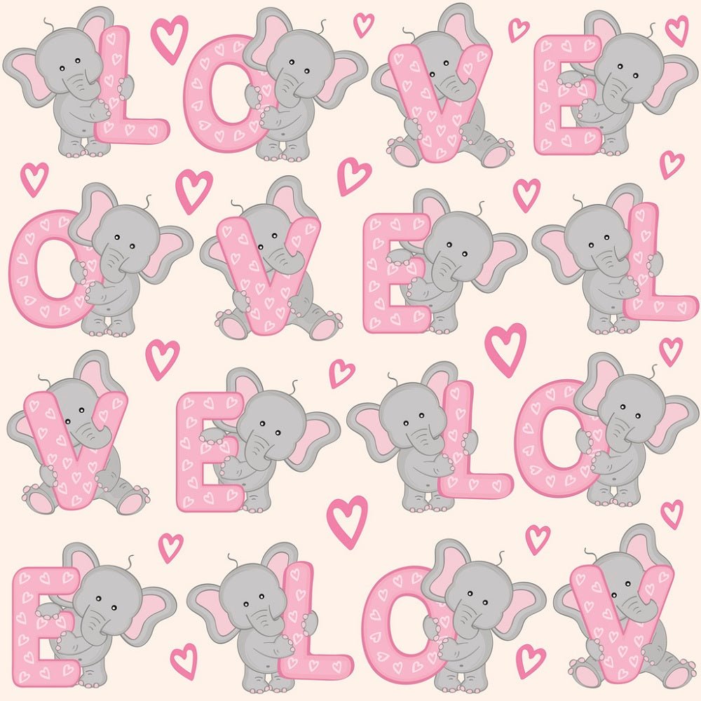 Valentine Elephants Alphabets Fabric - Tan