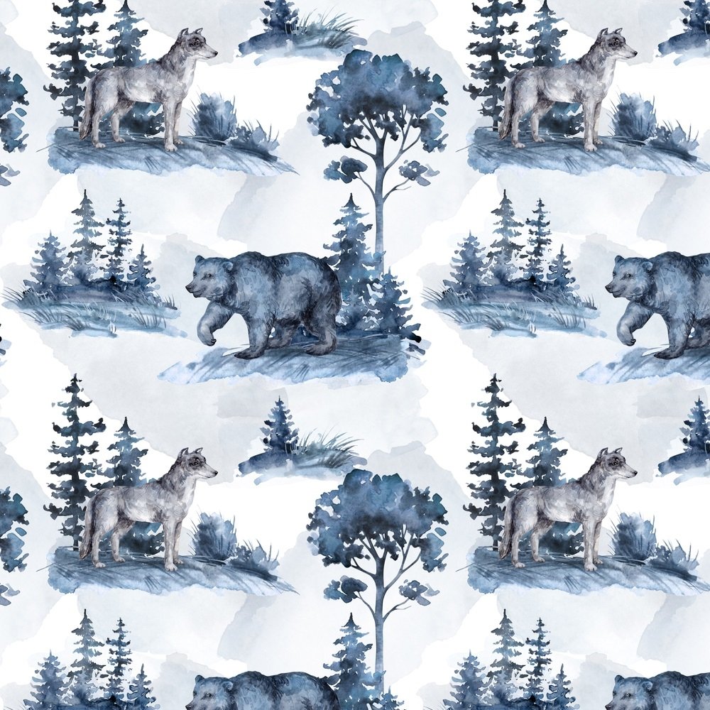 Wildlife Bear & Wolf Watercolor Fabric - Blue