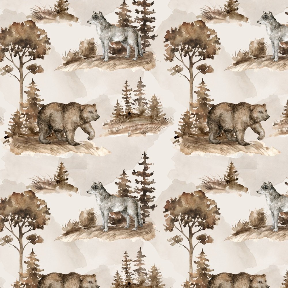 Wildlife Bear & Wolf Watercolor Fabric - Brown