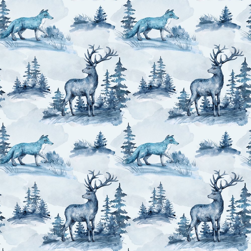 Wildlife Deer & Fox Watercolor Fabric - Blue