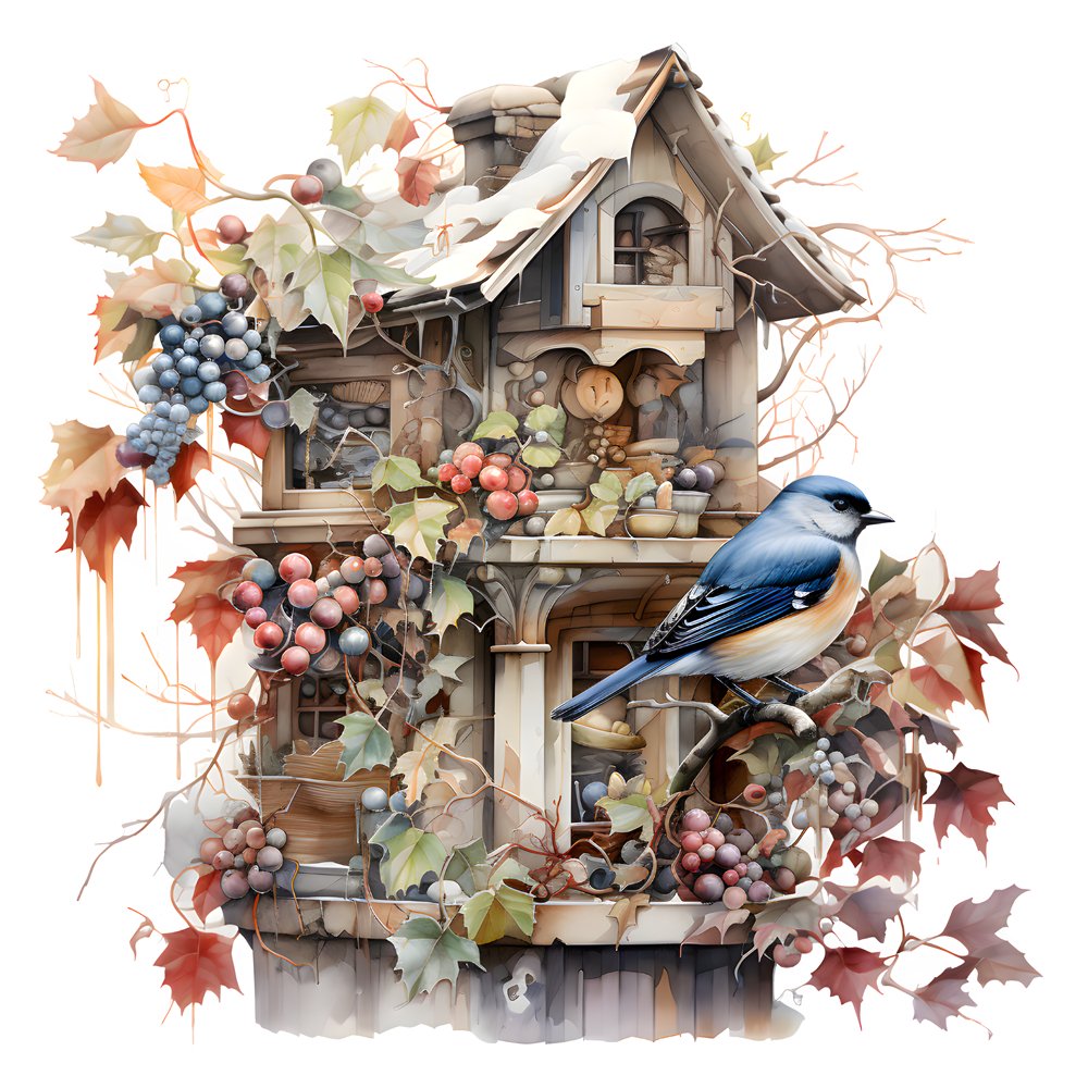 Winter Birdhouse Blue Jay #3 Fabric Panel