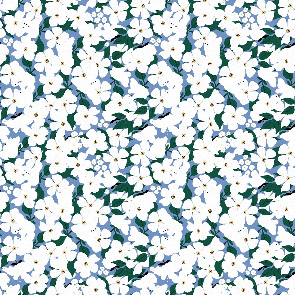 The Bees Knees White Flowers Fabric - Blue