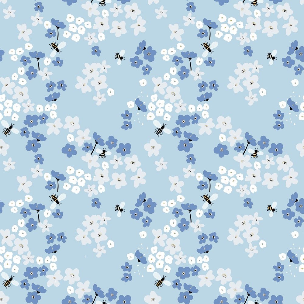 The Bees Knees White Petals Fabric - Blue
