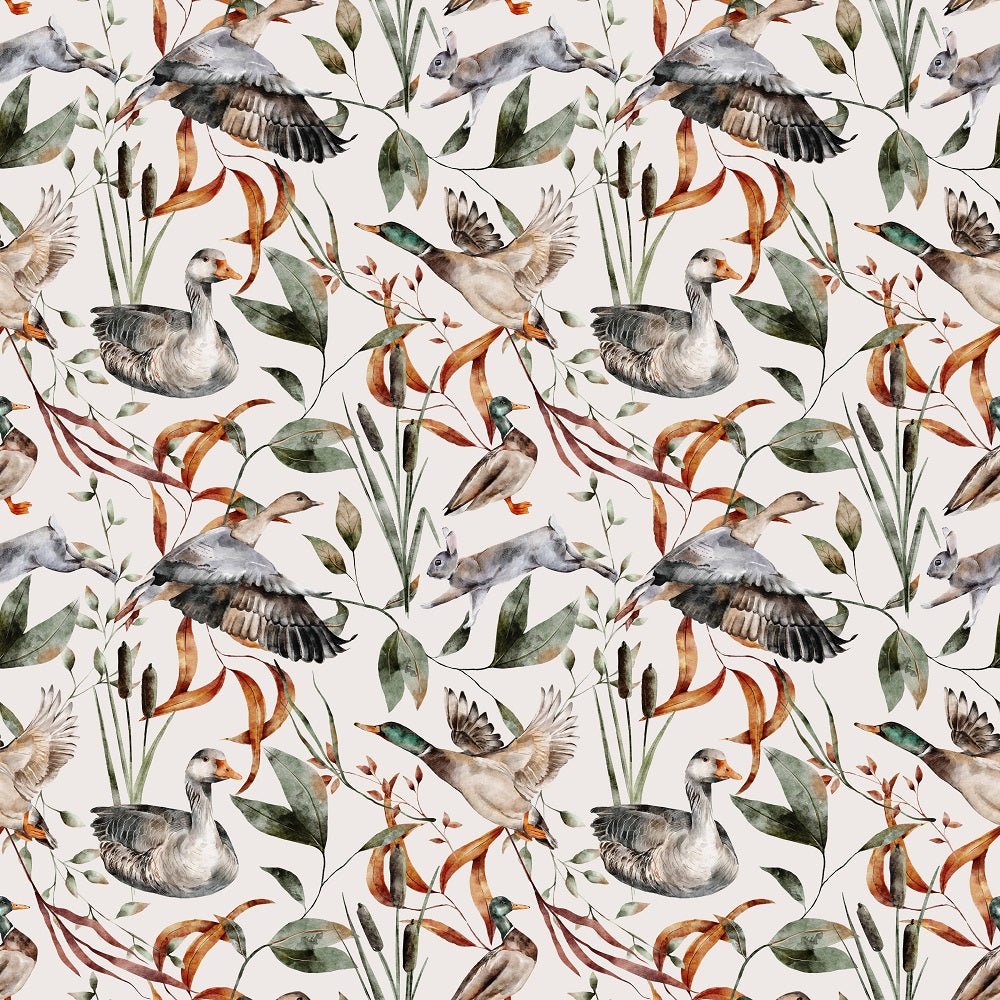 The Cottage Birds and Cattail Fabric - White