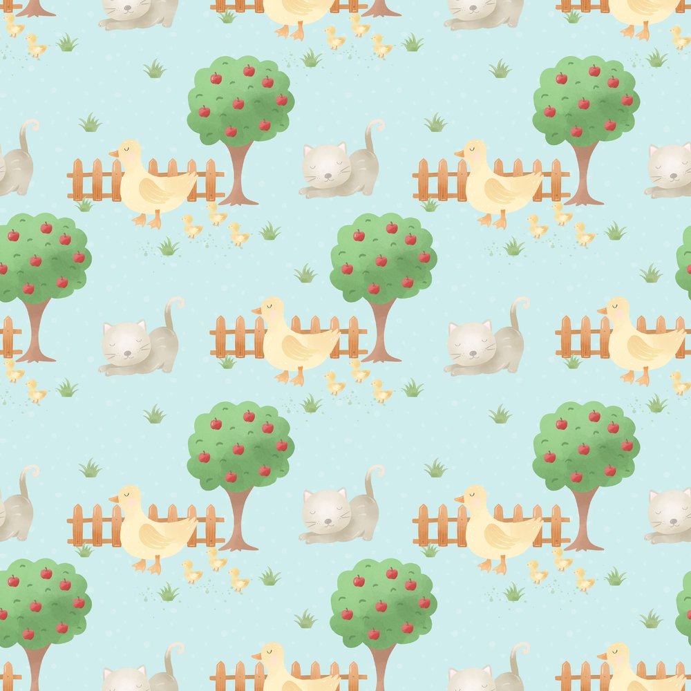 The Cutest Little Farm Apple Trees Fabric - Blue