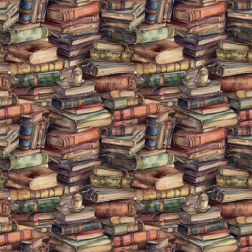 Whimsical Messy Stacked Books #2 Fabric