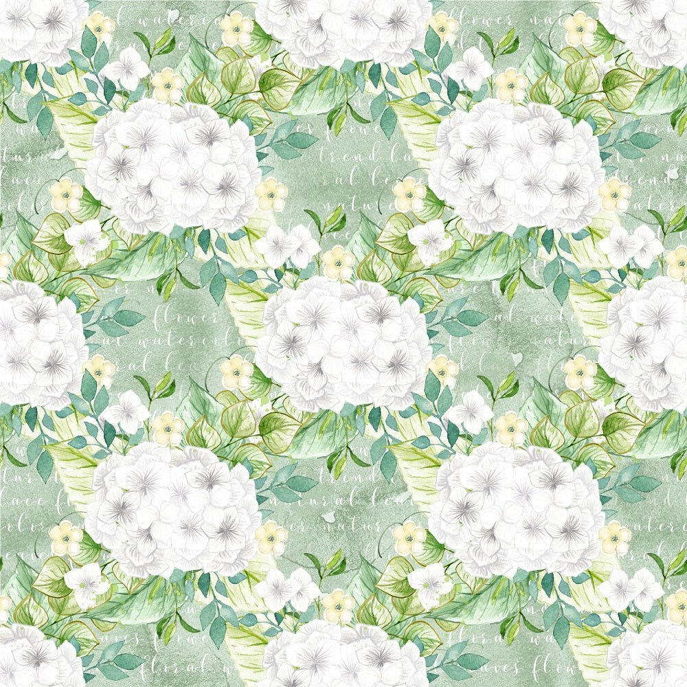 White Hydrangeas Bouquets on Words Fabric
