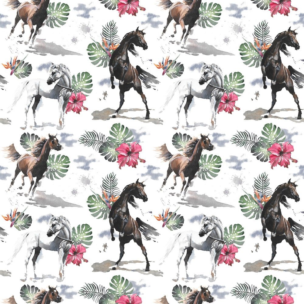 Wild Horses with Exotic Flowers Fabric
