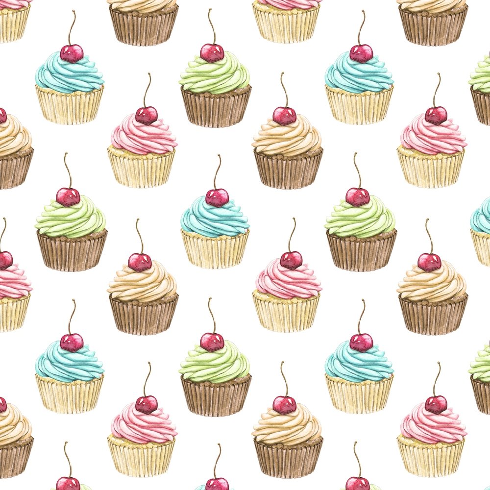 Cherry Topped Cupcake Fabric - White
