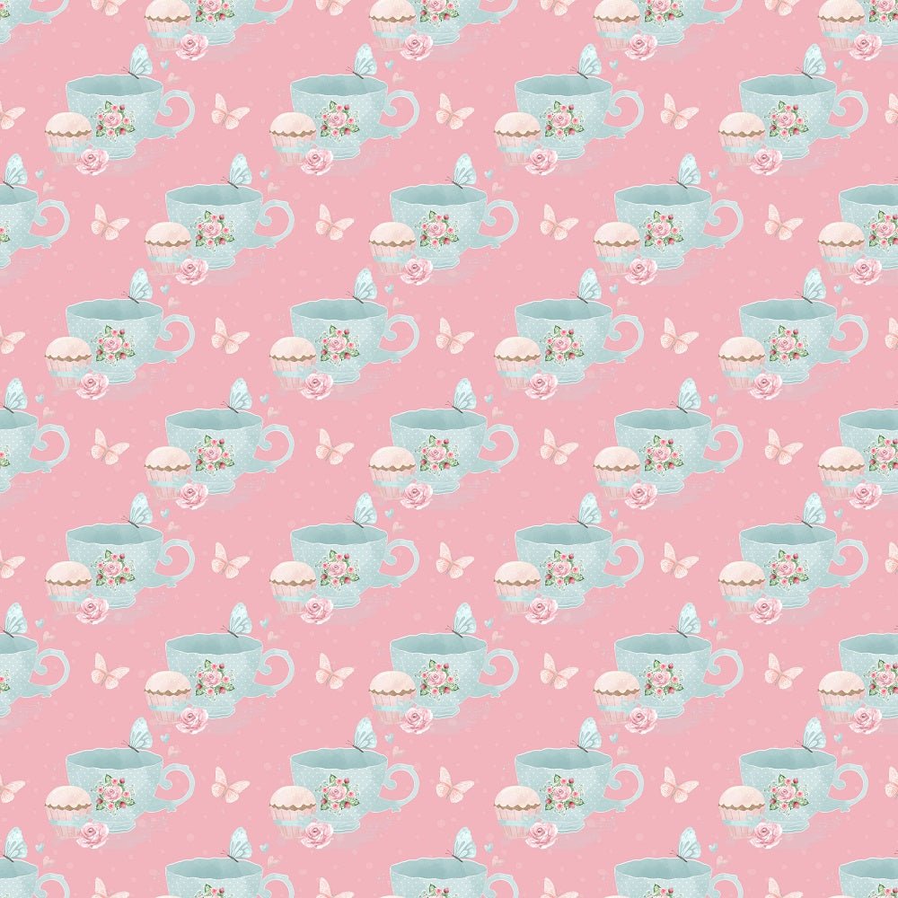 Tea Time Cups and Butterflies on Dots Fabric - Pink