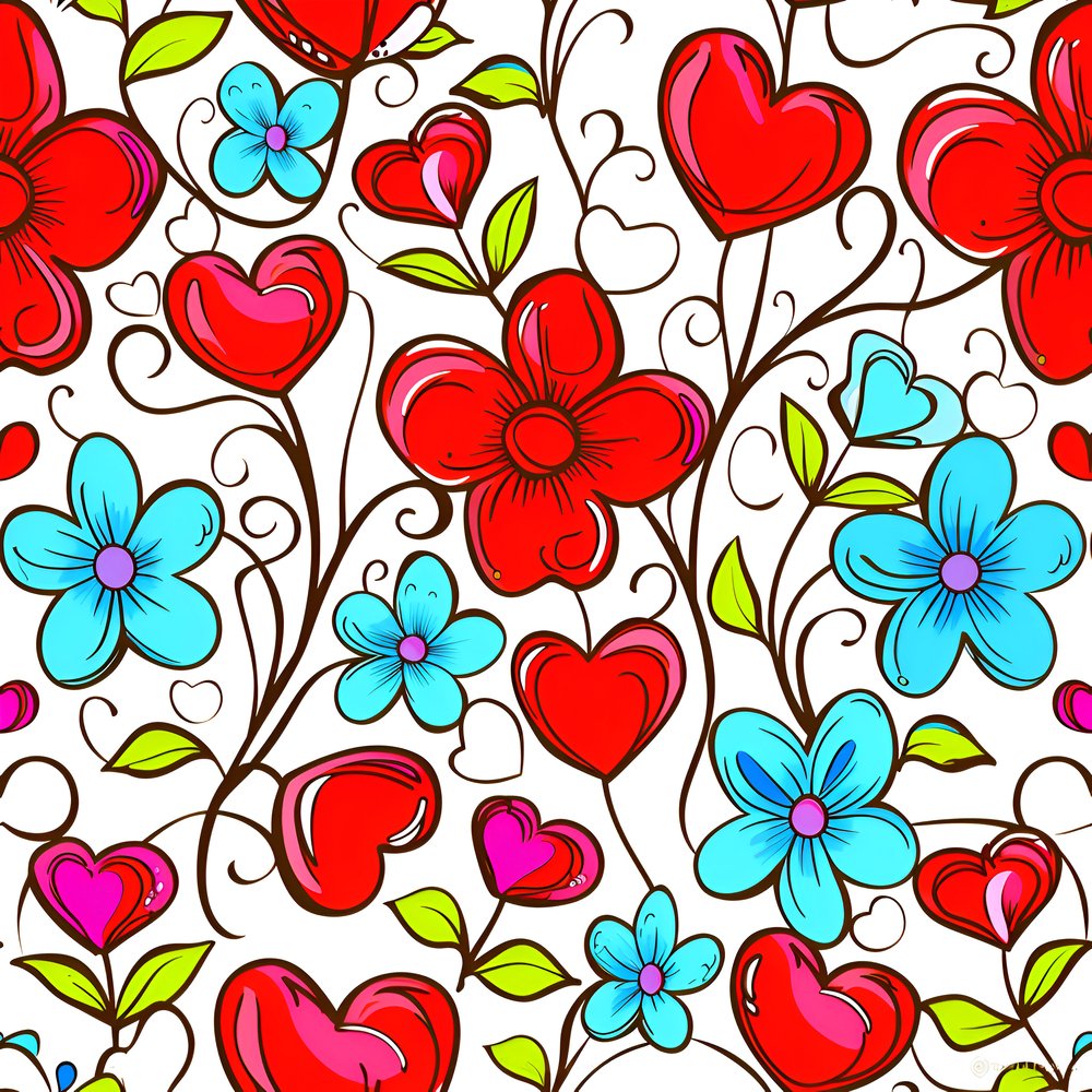 Sweet Floral Doodle Hearts Pattern #9 Fabric