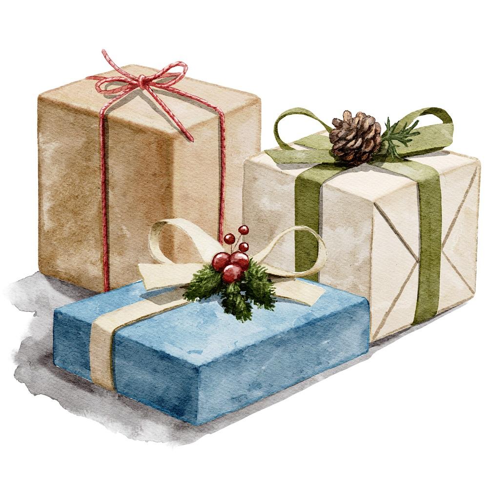 Watercolor Three Christmas Gifts Fabric Panel