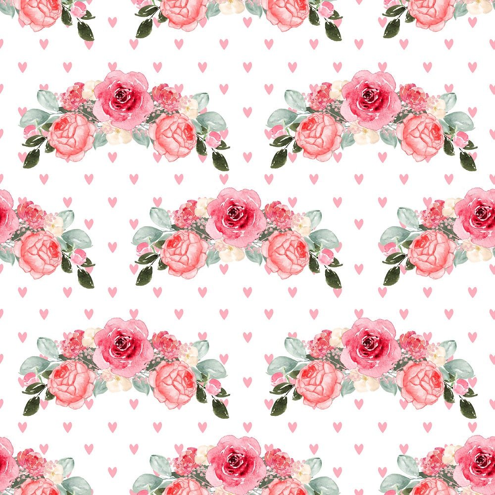 Watercolor Valentine Roses on Hearts Fabric - White